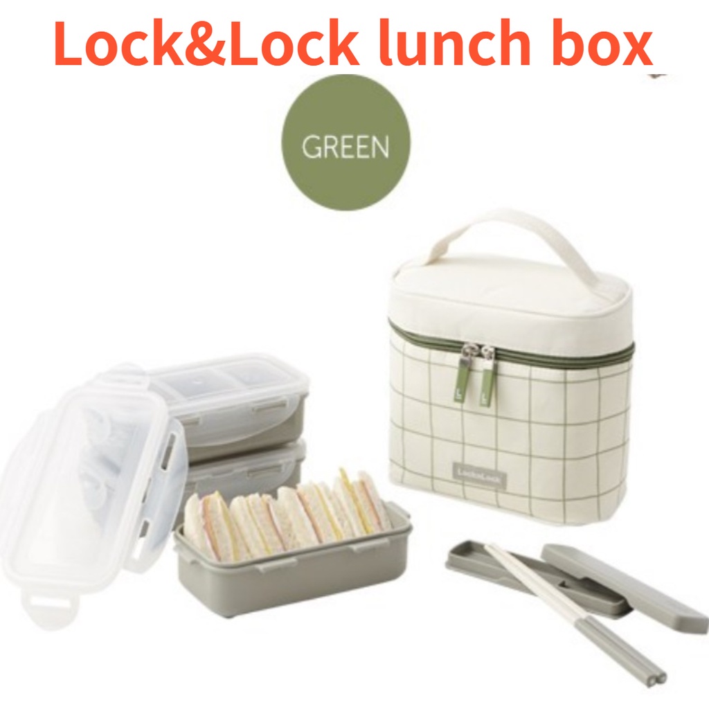 Lunch box กล่องข้าว เบนโตะ กล่องข้าวเบนโตะ กล่องข้าว Lock &amp; Lock Modern Check 3-step lunchbox set + chopsticks