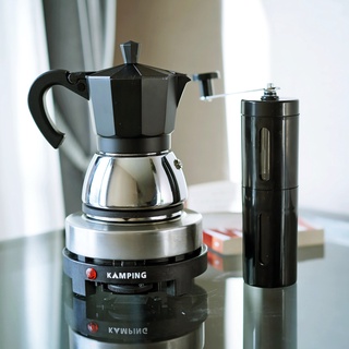 (สีดำ/3ชิ้น) Kamping ชุดเตาไฟฟ้า 500W + กาต้มกาแฟ มอคค่าพอท ฐานสแตนเลส Stainless Moka Pot +เครื่องบดมือหมุน