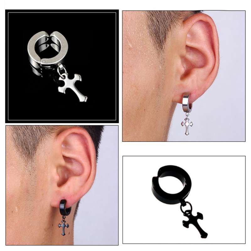 ต่างหู ไม่ต้องเจาะหู ตุ้มหู จิว ไม้กางเขน Cross Huggie Stud Earrings for Men Stainless Steel  Earing