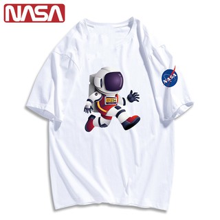 เสื้อยืดแขนสั้น ผ้าฝ้ายแท้ ทรงหลวม พิมพ์ลายนักบินอวกาศ NASA แฟชั่นคู่รัก สําหรับผู้ชาย และผู้หญิง