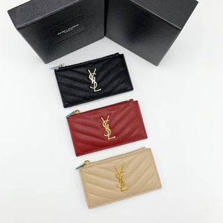 YSL SAINT LAURENT SILVER LOGO PLAQUE QUILTED WALLET CAVIAR BLACK LEATHER กระเป๋าใส่นามบัตร แบบซิปด้านบน สีดำ คาร์เวียร์