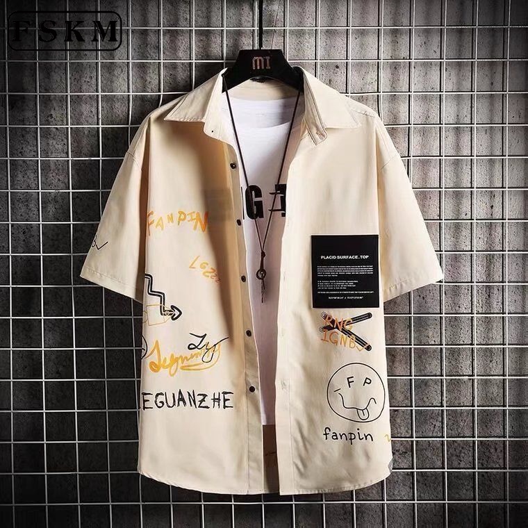 M-3XL เสื้อเชิ้ตผู้ชาย สีดํา สไตล์ญี่ปุ่น วินเทจ แฟชั่นฤดูร้อน เสื้อผู้ชาย