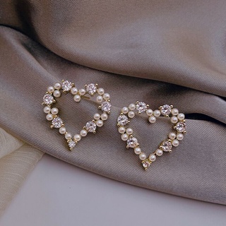 925 เงินเข็มต่างหูเรขาคณิต Love Heart-shaped Pearl ต่างหูอารมณ์เรียบง่ายต่างหู INS ลมเย็น High-end ต่างหูสำหรับผู้หญิง