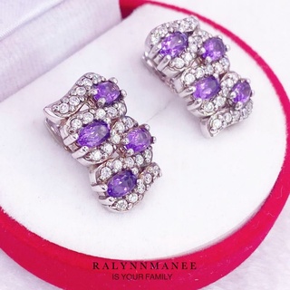 T6431 ต่างหูพลอยอเมทิสต์แท้ ( Amethyst ) แบบอิงลิชล็อค ตัวเรือนเงินแท้ 925 ชุบทองคำขาว