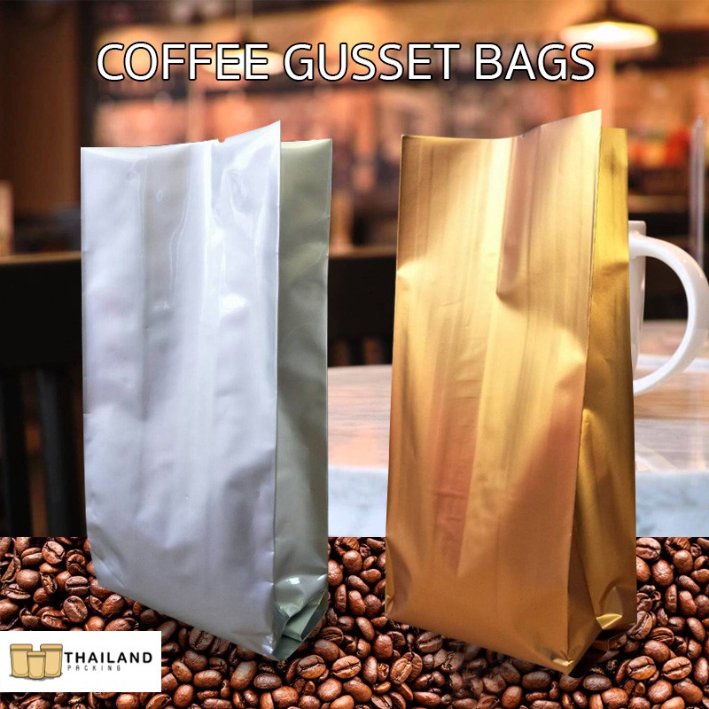 ถุงกาแฟ ถุงฟอยล์ ซีลกลางแบบขยายข้าง เนื้อด้านสีเงินสีทอง ก้นตั้งได้ [50 ใบ] - Thailandpacking