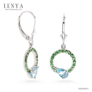 Lenya Jewelry ต่างหูเงินแท้ ดีไซน์โดดเด่น ประดับพลอยบลูโทแพซ (Blue Topaz) และซาโวไรท์ (Tsavorite)