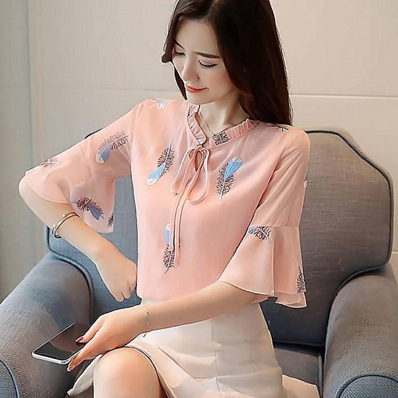 [Ready Stock] Women Bell-Sleeve Flower Chiffon Blouse Korean Style Short Sleeves Loose Shirt #9