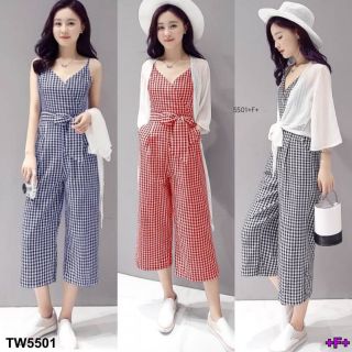 TW5501  Set 2 ชิ้น จั้มสูทขายาว+เสื้อคลุม จั้มสูทขายาวสายเดี่ยว ลายสก๊อต