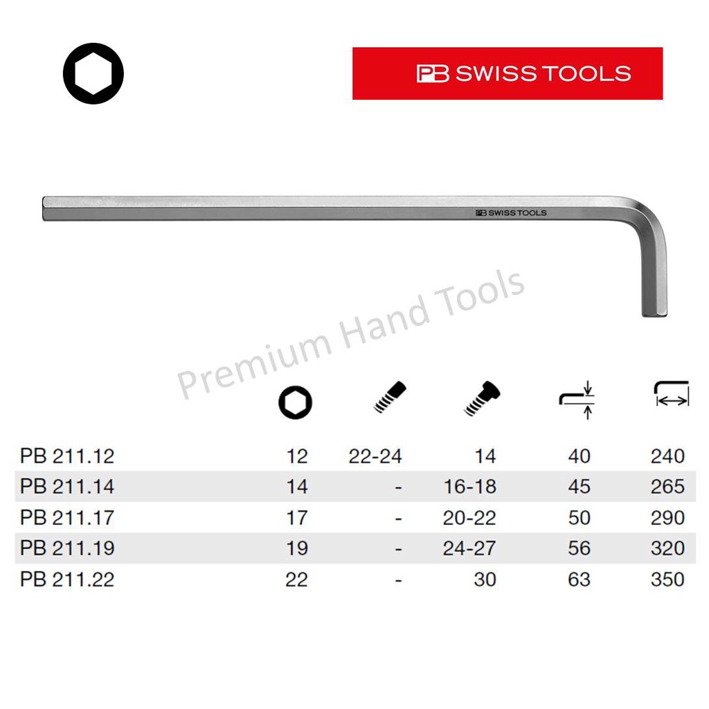 PB Swiss Tools หกเหลี่ยม หัวตัด ยาว ขนาด 12 - 22 mm. รุ่น PB 211