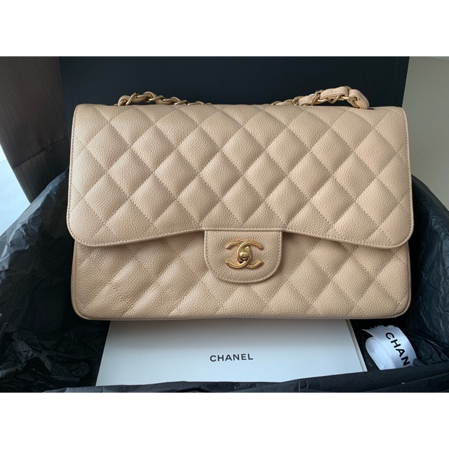 Used Like new Chanel Classic Caviar Jumbo GHW #Beige แท้ 💯