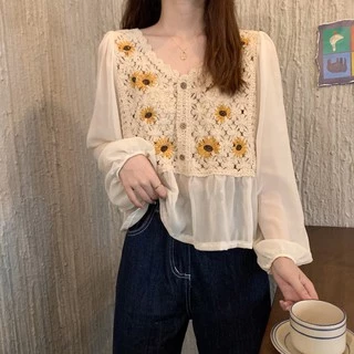 Cicishop(พร้อมส่ง)NEW IN เสื้อครอปผ้าถักงานปักดอกทานตะวันชายเสื้อซีทรูตะมุตะมิน่ารักมากๆ(A19/A199)