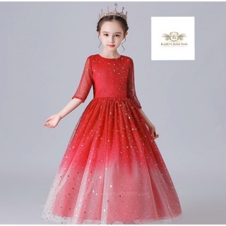 Red Star Dress Girls ชุดกระโปรงแขนสามส่วน สีแดง Party, Cocktail,Piano, Dress Girls ขนาด 110,120,130, 140, 160 (2-14 ปี)