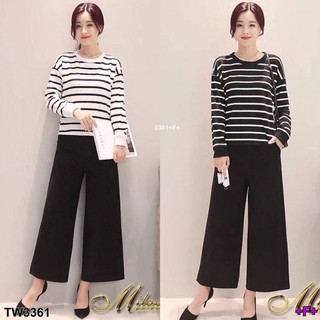 J3361 Set เสื้อริ้วขวางแขนยาว กับกางเกงขายาว