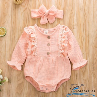 ZHY-Baby Girl Fashion Romper Lace Edge Solid Color Lotus Leaf Long Sleeve Top Bow Hair Band