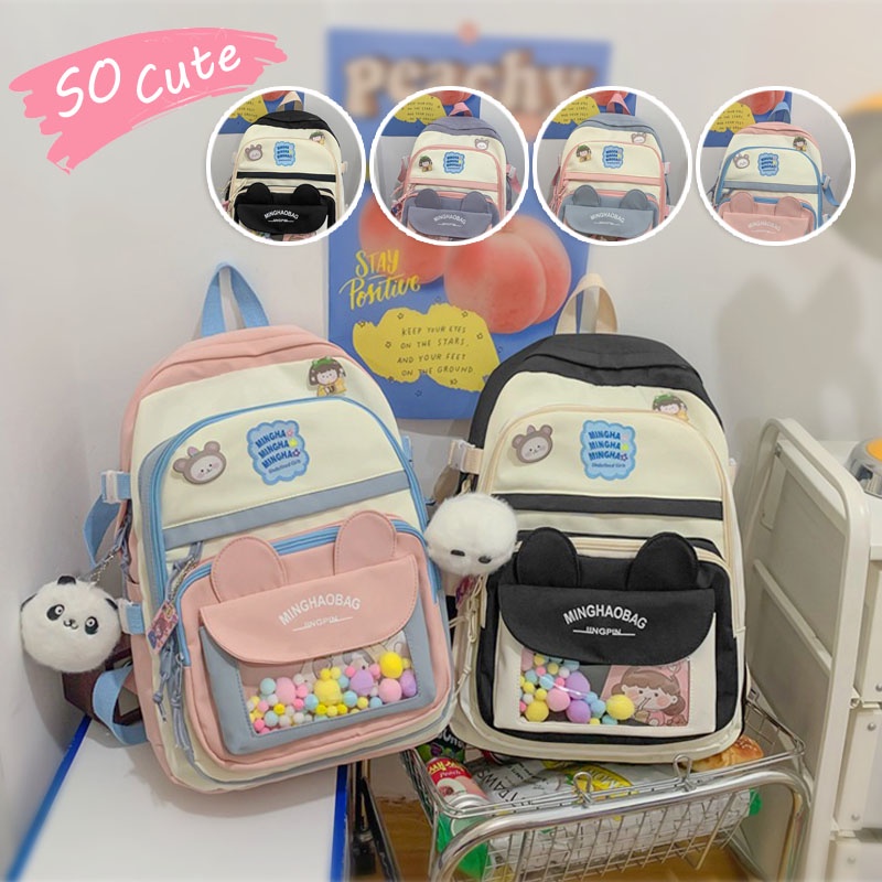 (A050) 16 นิ้ว - กระเป๋านักเรียน หูหมีน่ารัก สไตล์เกาหลี ใช้งานได้หลากหลาย