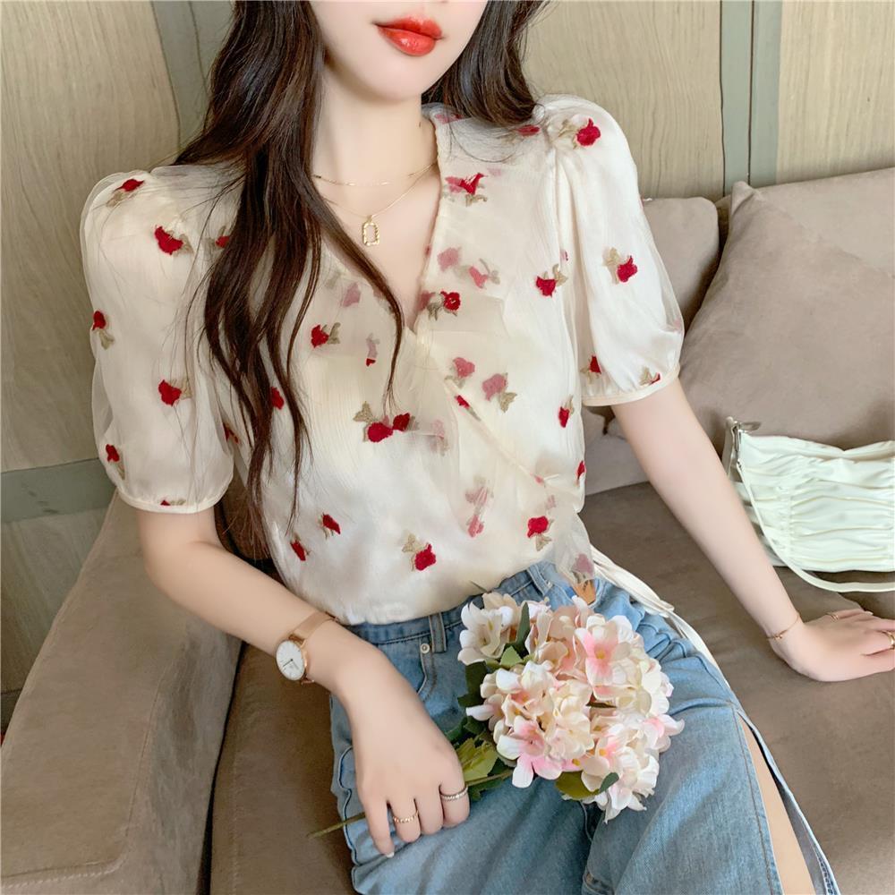 พร้อมส่ง เสื้อเชิ้ตพิมพ์ลาย ผ้าชีฟอง เสื้อเชิ้ตคอวีแขนสั้น สไตล์เกาหลี เสื้อทำงานทรงหลวม