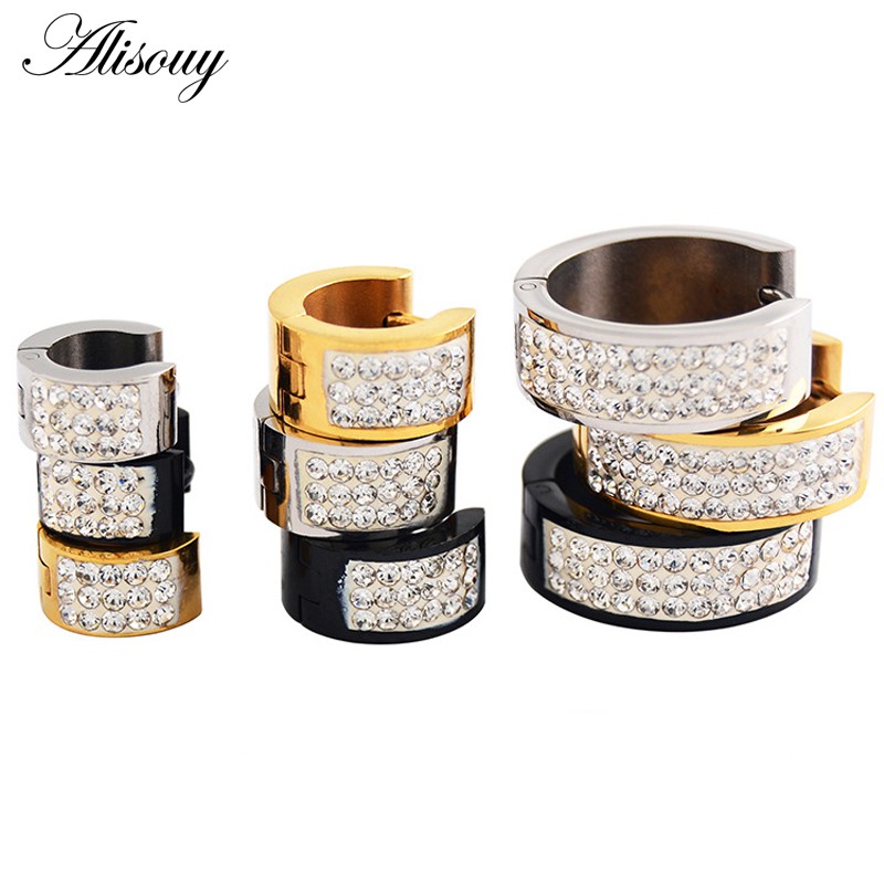 Alisouy ต่างหู Punk สแตนเลสคริสตัล CZ สไตล์ hoop และ huggie ขนาด 6*7, 6*9, 6*16 สําหรับผู้ชายผู้หญิง
