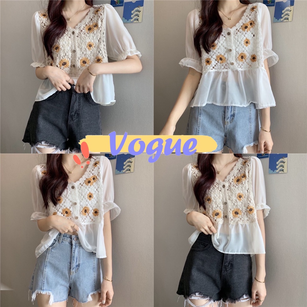 Vogue🌟พร้อมส่ง🌟 เสื้อถักไหมพรมแขนชีฟอง ลายดอกไม้ทานตะวันน่ารักผ้านิ่ม (1968-1)