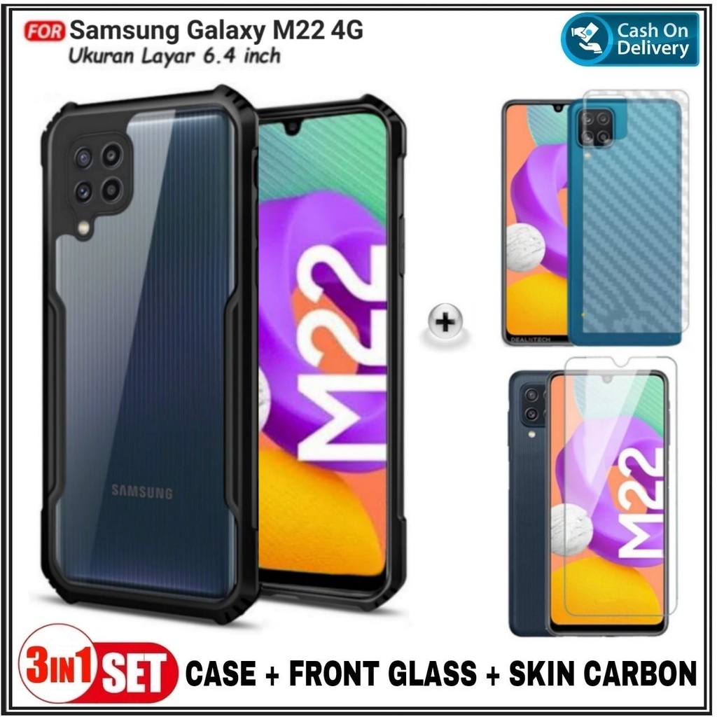 3IN1 กรณี Samsung M22 F22 4G Soft Hard Fusion โปร่งใสฟรีกระจกนิรภัยและ Graskin Galaxy M22 F22 4G