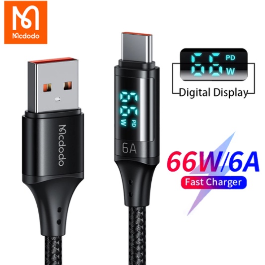 Mcdodo สายชาร์จType C Digital HD type C usb Super fast charge max.6A รองรับไฟ66w พร้อมจอดิจิตอลแสดงค่าการชาร์จเป็นวัตต์