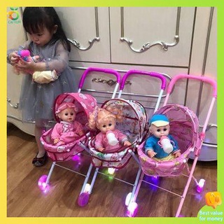 ชุดตุ๊กตา ตุ๊กตา 20cm รถเข็นของเล่นสำหรับเด็กที่มี Doll Light Sound, Girl Girl, Family Toy Hand Cart, Baby Birthday Gift