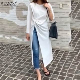 Zanzea เสื้อลําลองสําหรับสตรีแขนยาวคอกลมสีพื้นผ่าด้านหน้า