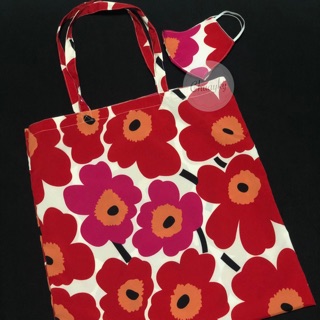 เซทกระเป๋าผ้าสายยาว Marimekko+แมสผ้า ดอกชมพูแดง