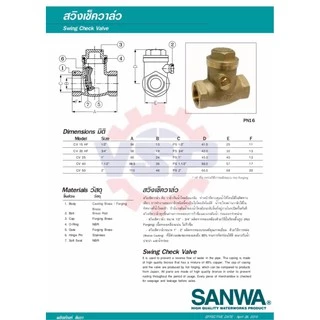 SANWA เช็ควาล์วทองเหลือง สวิงเช็ควาล์ว 1/2'' - 1''