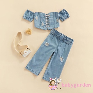 Babygarden- เสื้อครอปยีนส์แขนสั้นเปิดไหล่+กางเกงยีนส์ขาดๆสําหรับเด็กผู้หญิง 1-6 ปี