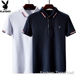 playboy เสื้อโปโลสําหรับผู้ชายผ้าฝ้ายแขนสั้นสีพื้น