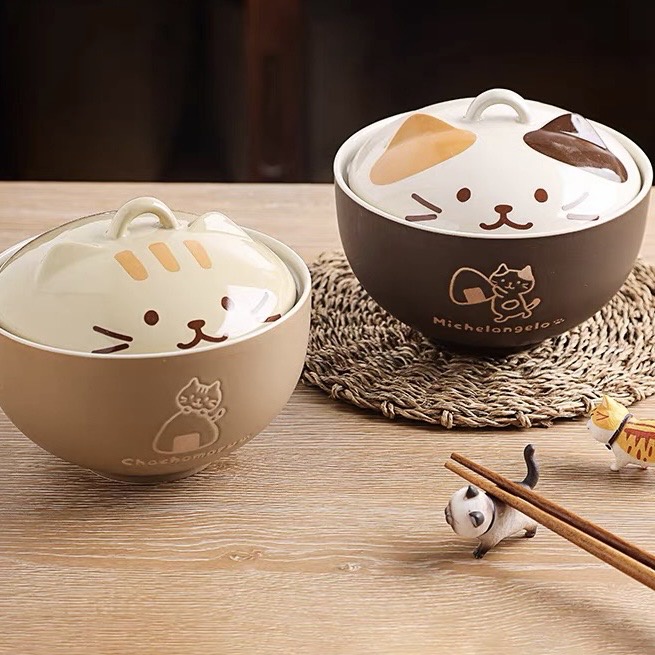 พร้อมส่ง🌈😻 ชามบะหมี่ แมว ถ้วยมาม่า มีฝาปิด  Fuku Fuku ของขวัญ 14007