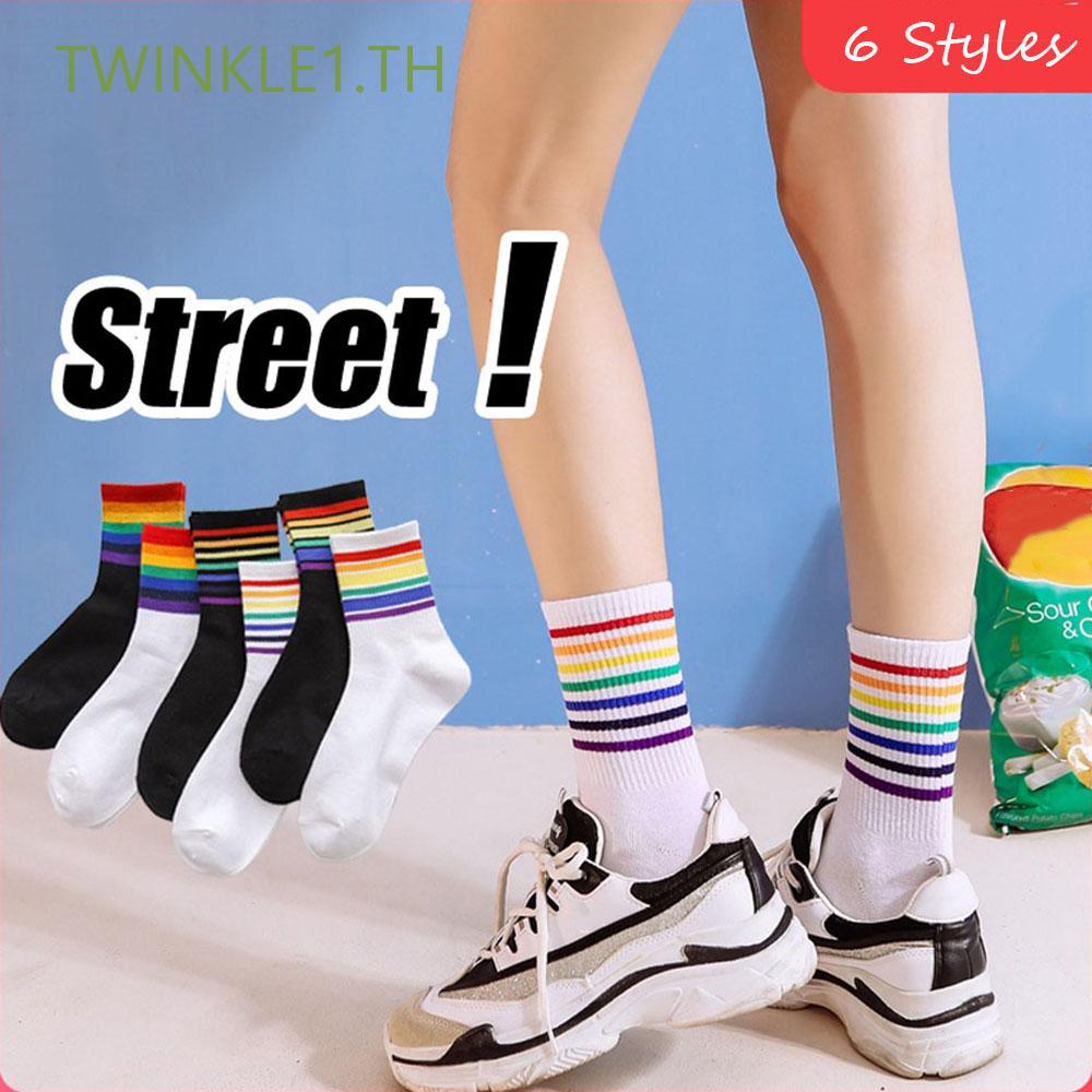 Twinkle1 ถุงเท้าข้อสูง แต่งขอบสีสายรุ้ง น่ารักสดใส
