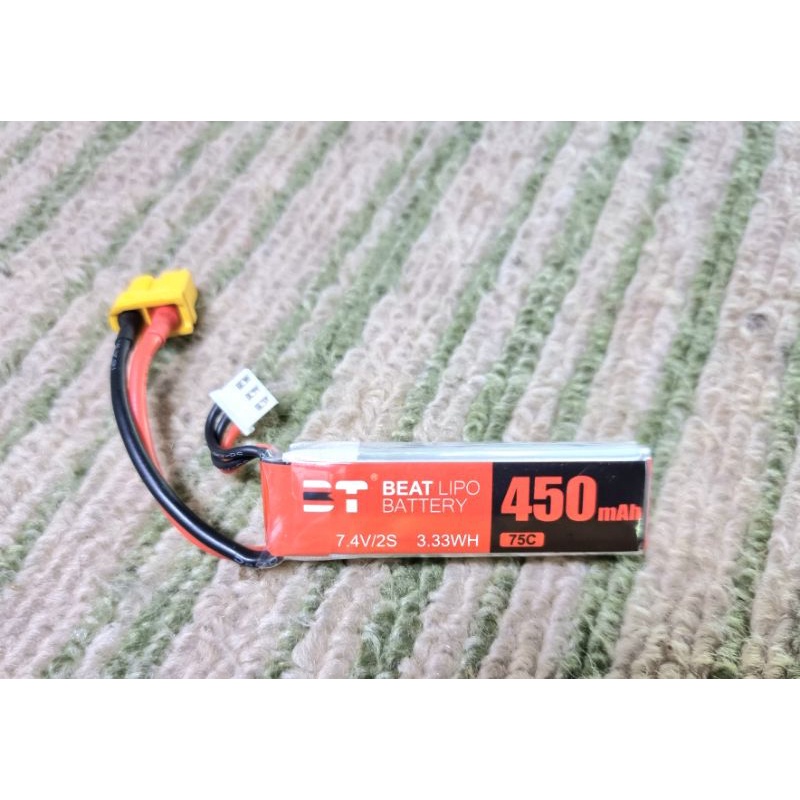 แบตลิโพ 2S.7.4v.450mah.75c.BT มาพร้อมปลั้กxt 60พร้อมใช้งานแบตซีสูงสำหรับเครื่องบิน 3D