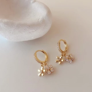 เครื่องประดับ ต่างหูห่วง ประดับเพทาย ลายดอกไม้ สไตล์เกาหลี สําหรับผู้หญิง