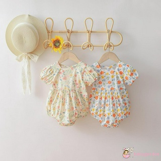 Babygarden- ชุดจั๊มสูทรอมเปอร์คอสี่เหลี่ยมแขนสั้นพิมพ์ลายดอกไม้สําหรับเด็กผู้หญิง 0-24 เดือน, สีขาว / แอปริคอท