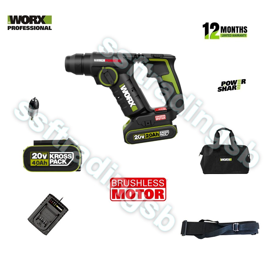 BRUSHLESS 20V CORDLESS ROTARY HAMMER / WORX WU380S.5 CORDLESS ROTARY HAMMER / มอเตอร์ BRUSHLESS / WO