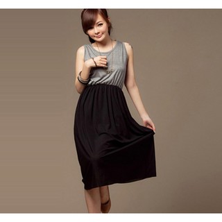 ชุดเดรสยาว แฟชั่นตัดต่อเอวกับกระโปรงยาว ตัดสีทูโทน สีดำตัดเทา dress e644