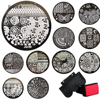 ☆SM 10 Pcs Stamp+Stamper+Scraper Stamping Kits Round Metal Plates DIY Nail Tools