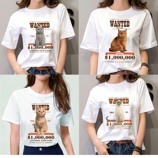 เสื้อยืดผู้หญิง ผู้ชาย สีขาว เสื้อคู่ ลายการ์ตูน แมว น่ารัก ใส่เที่ยว แขนสั้น คอกลม มีไชส์ เด็ก ผู้ใหญ่ ผ้าคอตตอน