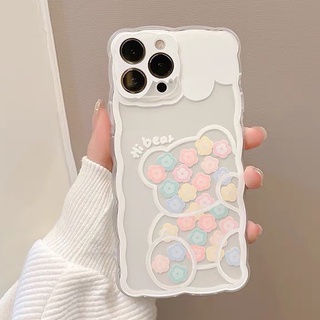 เคสโทรศัพท์สกรีนลายหมีดอกไม้ขอบหยัก ลายน่ารักๆ เรียบๆ ใช้สำหรับ11promax xs max xr  7plus 6plus 12promax 13promax  #1013