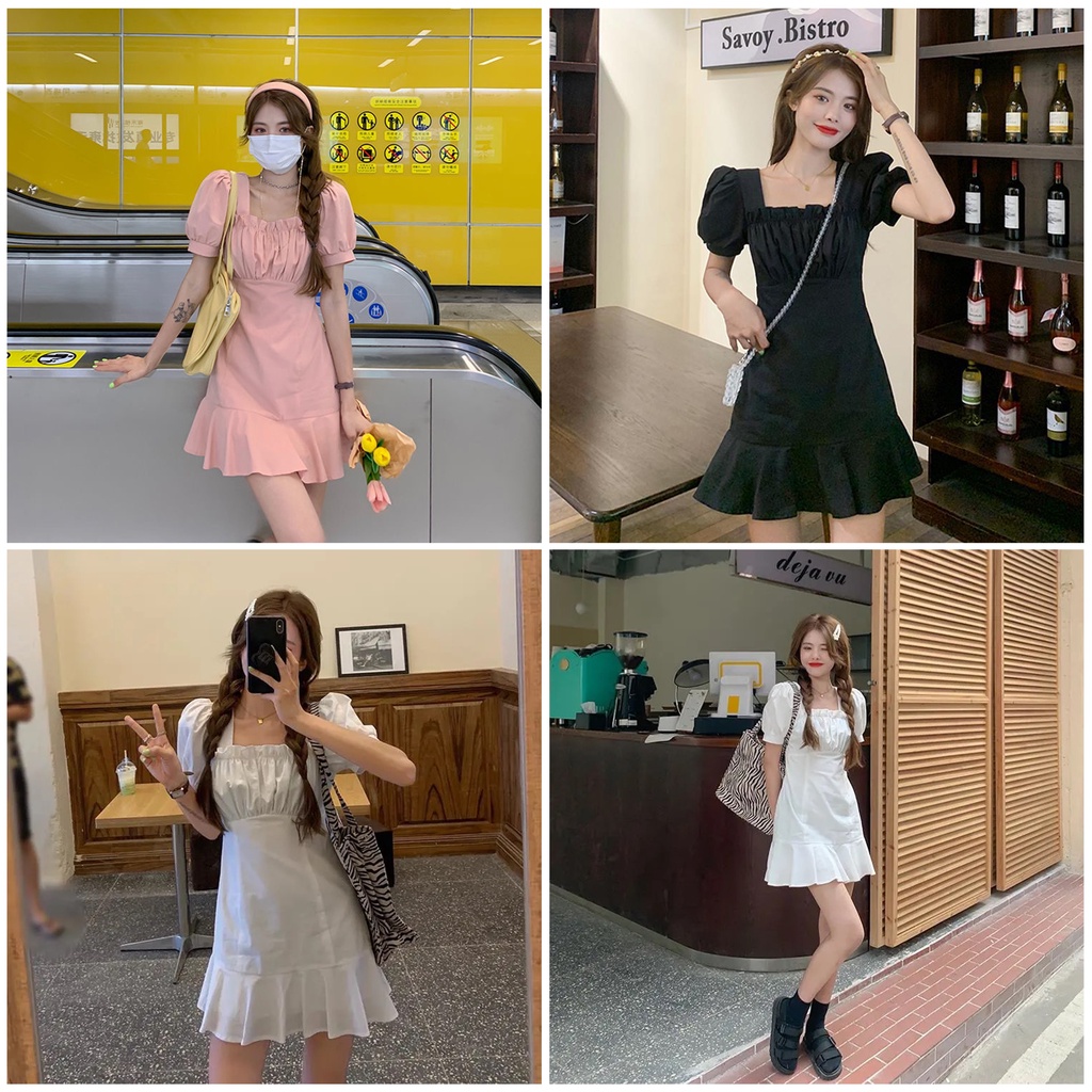 เดรสสีทึบ คอเหลี่ยม ทรงเอ แขนพอง มินิ/เหนือเข่า สไตล์เกาหลีเรียบง่าย มีสีชมพู ดำ ขาว