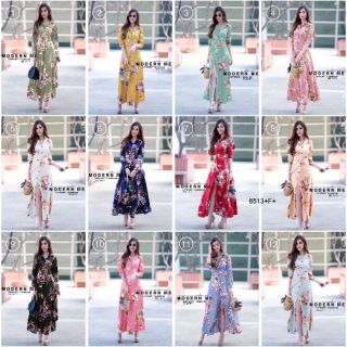 MaxiDress แม็กซี่เดรสเชิ้ตยาว แขนยาว ผ้าโฟร์เวย์ พิมพ์ลายดอกไม้ ติดกระดุมหน้ายาวลงไปถึงชาย