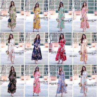 MaxiDress แม็กซี่เดรสเชิ้ตยาว แขนยาว ผ้าโฟร์เวย์ พิมพ์ลายดอกไม้ ติดกระดุมหน้ายาวลงไปถึงชาย