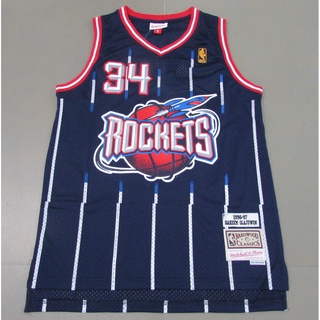 จรวด NBA 1996-97 สําหรับผู้ชาย #เสื้อกีฬาบาสเก็ตบอล ปักลายทาง 34 Hakeem Olajuwon M&amp;N สีน้ําเงินกรมท่า สไตล์เรโทร