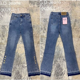 G.D.Jeans รุ่น 90263-1#กางเกงยีนส์แฟชั่นขายาวผ้ายืดเอวสูงสีฟอกทรงขาม้าเล็กต่อกระดุมทองข้างแต่งปลายขา