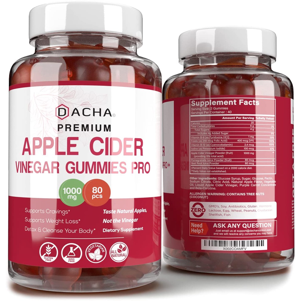 Dacha Premium Apple Cider Vinegar Gummies – 80 Count, 1000mg Raw, Organic,