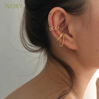 Ivory ต่างหูโซ่ ชุบทอง สองชั้น รูปดาว ประดับคริสตัล ไม่ต้องเจาะ ของขวัญปาร์ตี้