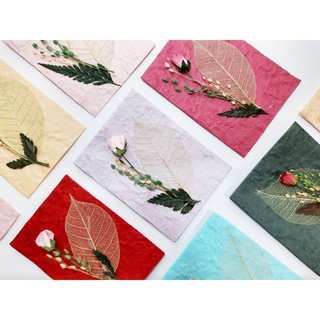 การ์ดอวยพร ดอกกุหลาบใบไม้แห้ง (ขนาด S) Handmade Mulberry Paper Card with Transparent Leaf and Rose (Size S)