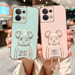 New เคสโทรศัพท์ Fashion Casing OPPO Reno8 Pro Reno7 Z 7 Pro Oppo A77 A57 4G 5G Handphone Case with Creative Cartoon Bear Trolley Stand Softcase All-inclusive Camera Shockproof Protection Cover เคส