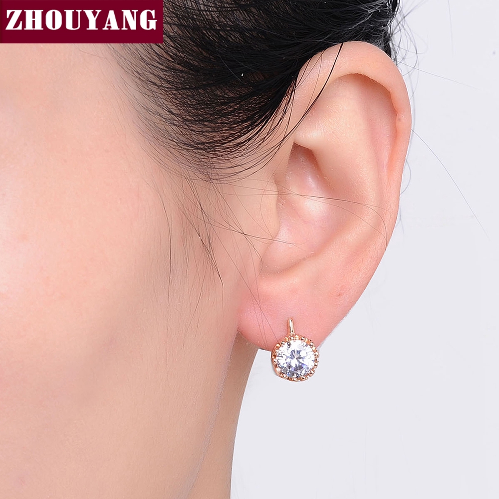 ZHOUYANG ต่างหูสไตล์มงกุฎสำหรับผู้หญิง กุหลาบชุบทองเครื่องประดับแฟชั่นชุบทองคำขาวต่างหูประกาย E610 E611